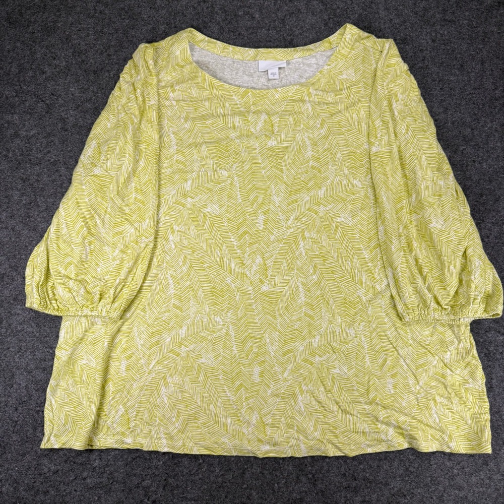 J.Jill Women's 2X Chartreuse White Print 3/4 Sleeve‎ Top Linen Blend